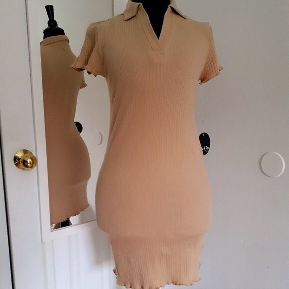 Jr. Jolie & Joy Tan Ribbed Stretchy Collared Fitted Shirt Mini Dress NWT Medium - Picture 4 of 9